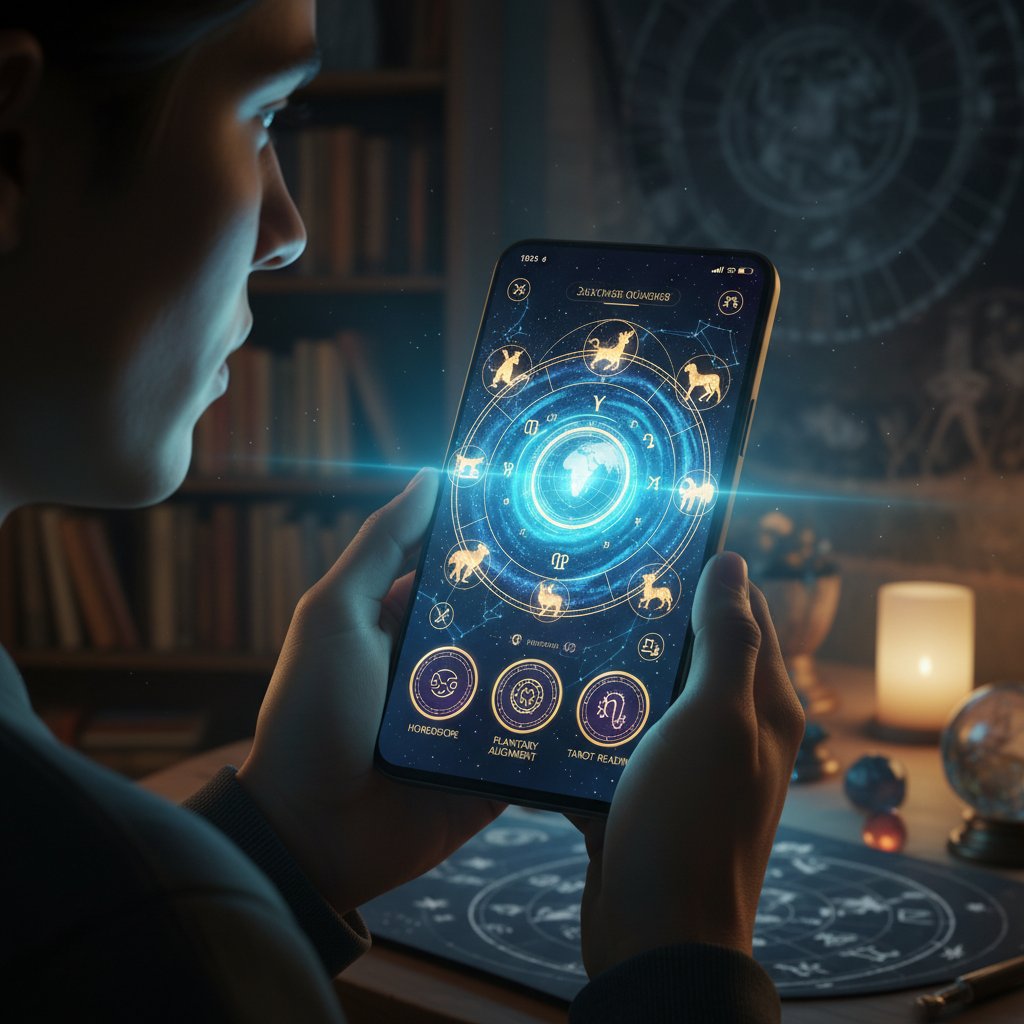 Osoba korzystająca z aplikacji mobilnej z podświetlonym interfejsem astrologicznym, interaktywne odkrywanie siebie z pomocą AI