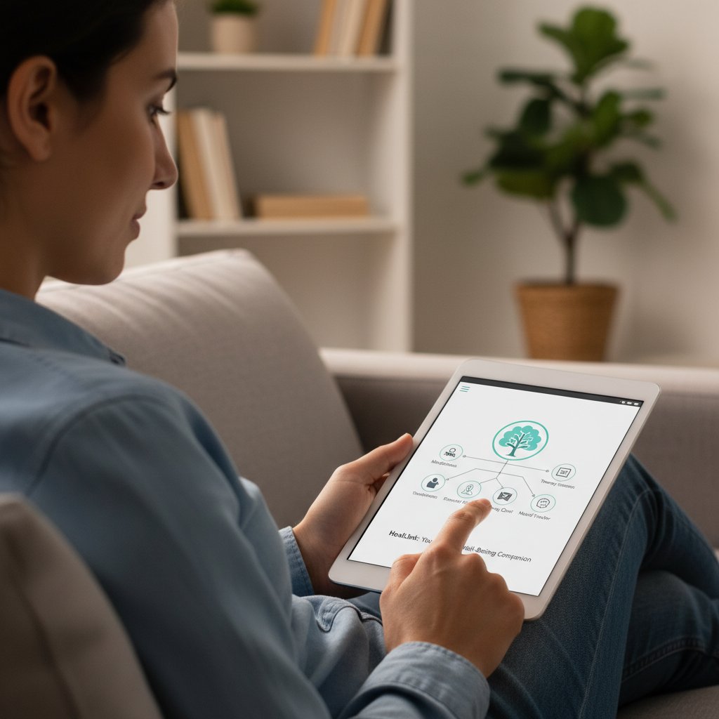 Zdjęcie osoby korzystającej z aplikacji mobilnej w celu uzyskania wsparcia psychologicznego – psycholog.ai i nowe technologie