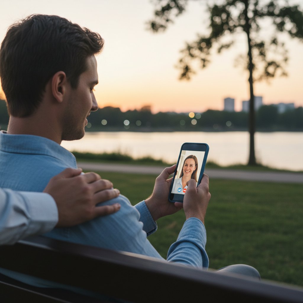Osoba korzystająca z aplikacji na telefonie, poczucie wsparcia i ulgi, wieczór