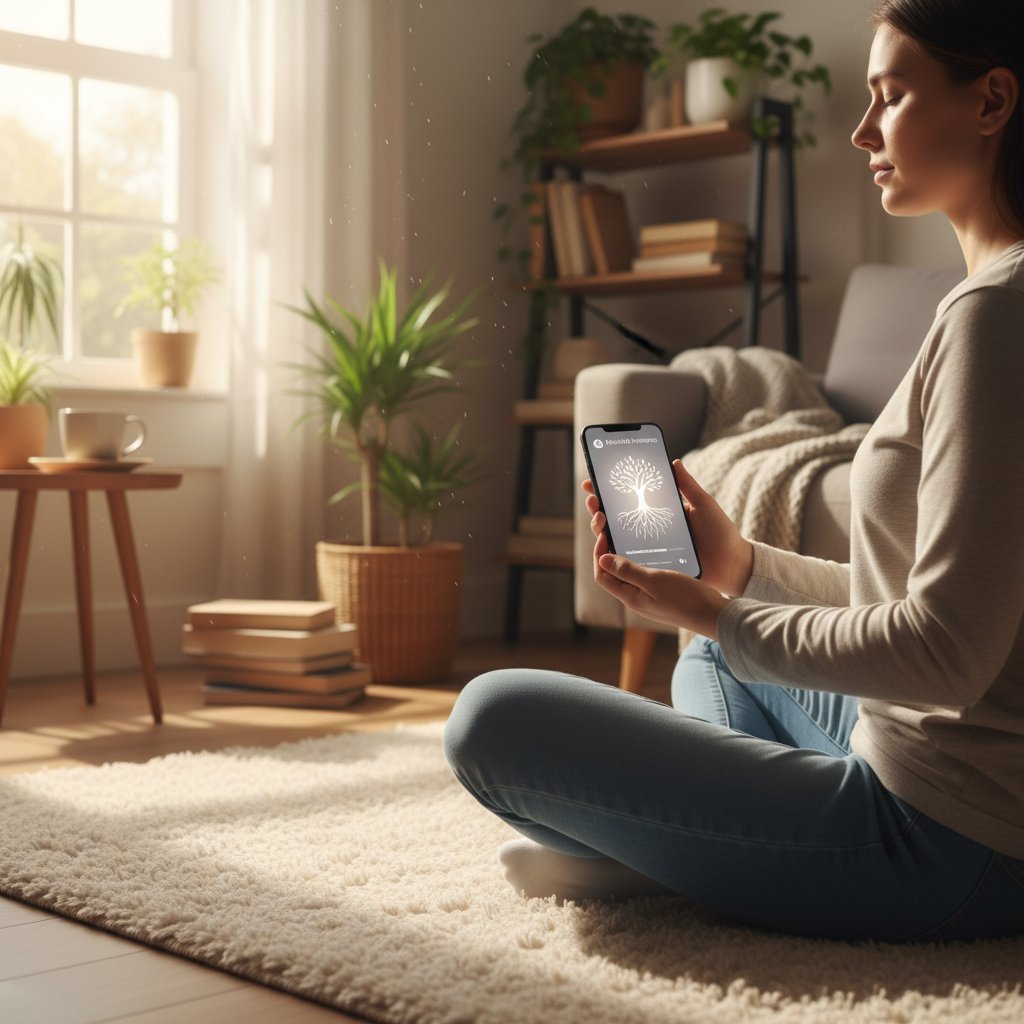 Osoba korzystająca z aplikacji mindfulness na smartfonie, relaksująca się w domowym zaciszu