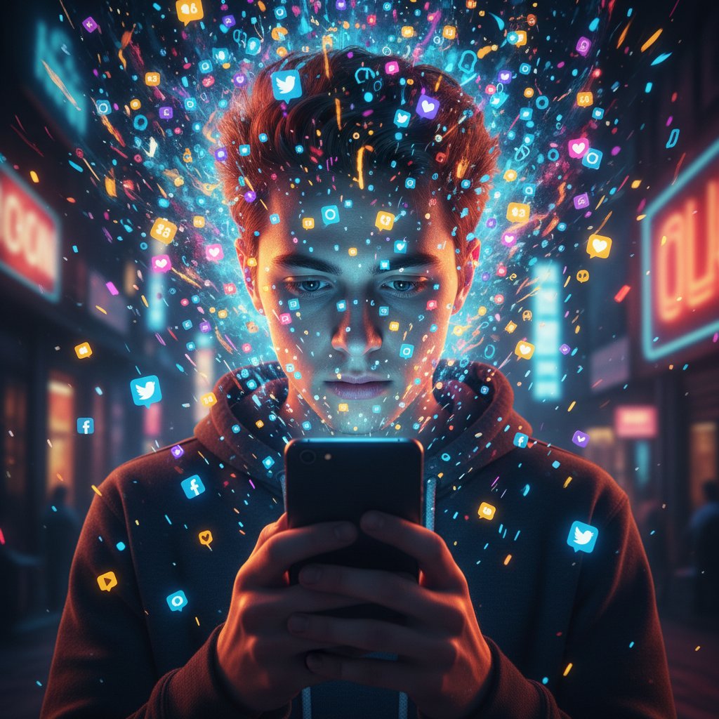 Młoda osoba przeglądająca social media na smartfonie, otoczona powiadomieniami i chaosem informacyjnym