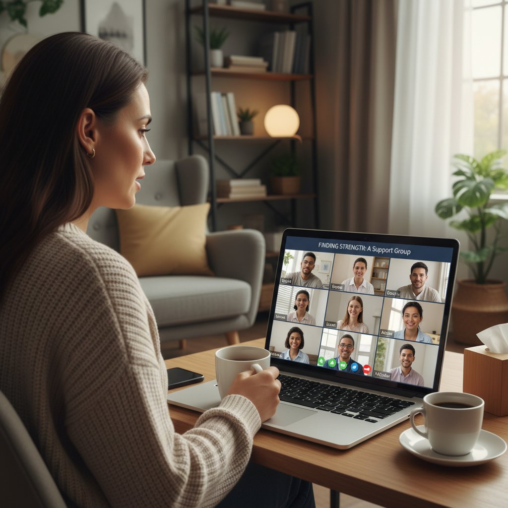 Zdjęcie osoby uczestniczącej w wideorozmowie z grupą wsparcia online