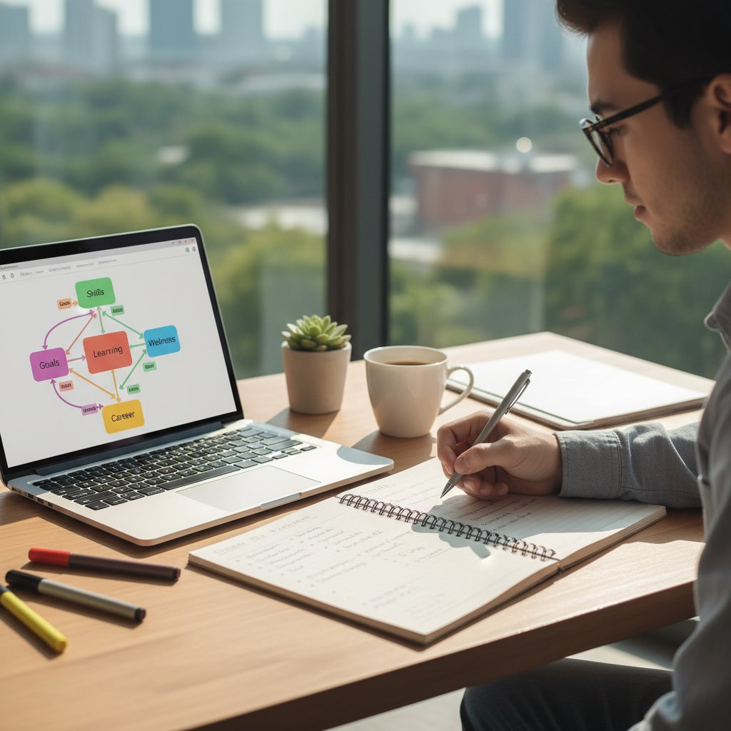 Zdjęcie osoby realizującej plan rozwoju na podstawie egogramu, notes i laptop