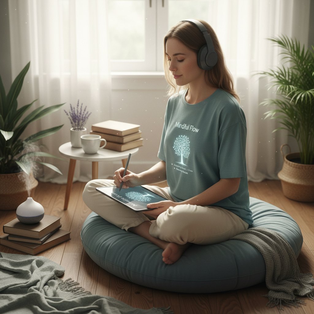 Kolaż: osoba notująca myśli, aplikacja mindfulness, spokojne otoczenie