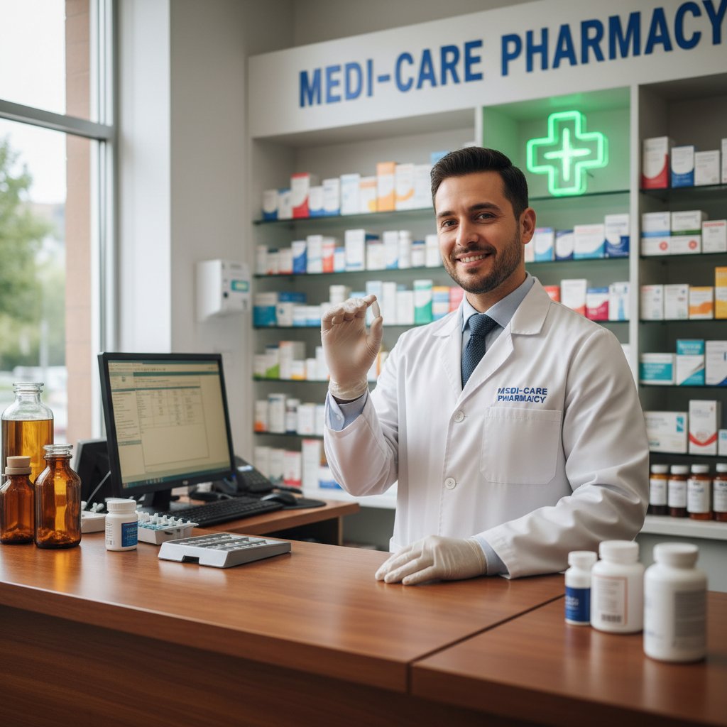 Farmaceuta wydający lek aripiprazol na tle apteki – obraz realiów rynku leków refundowanych w Polsce