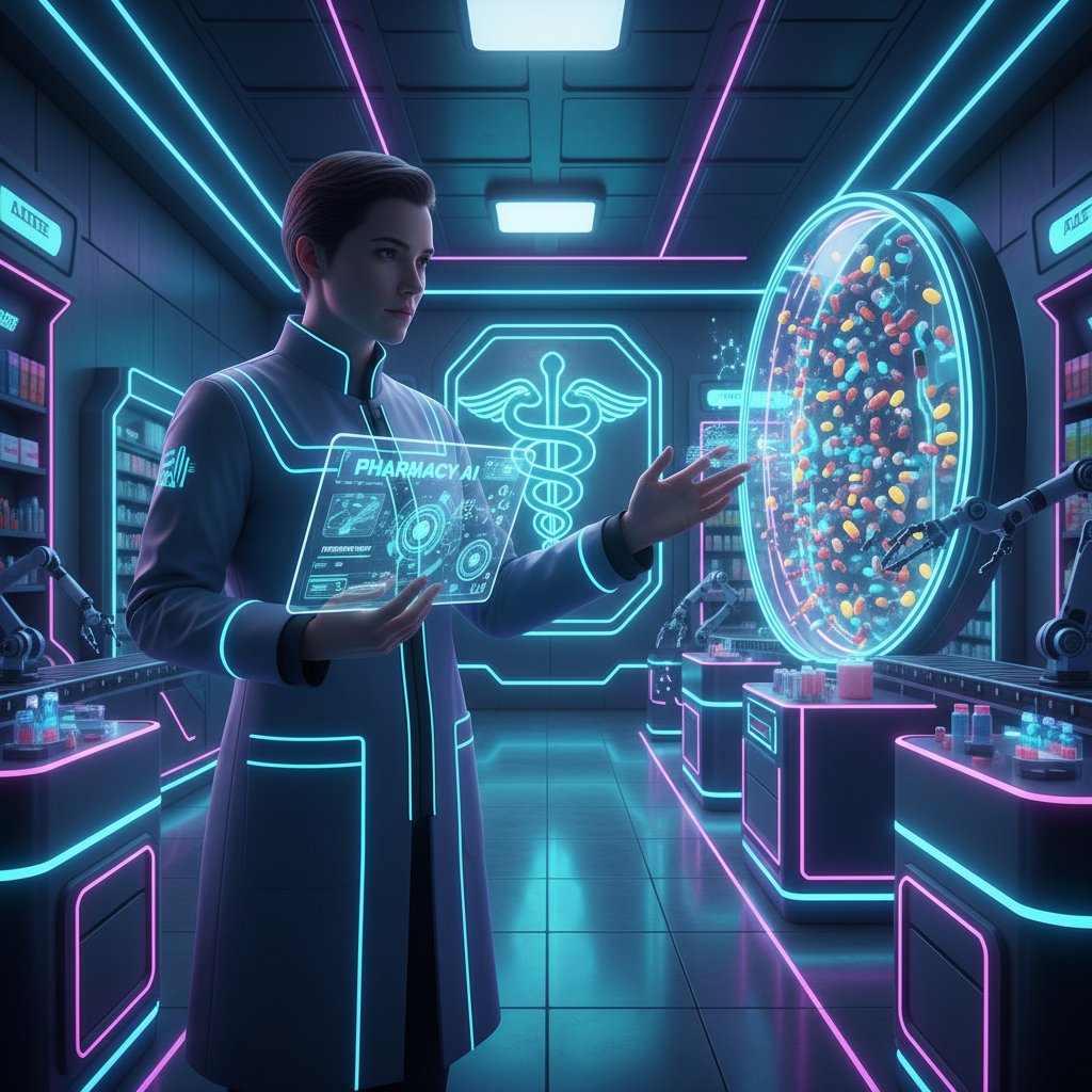 Farmaceuta korzystający z tabletu z interfejsem AI, neonowe światła apteki, futurystyczny klimat