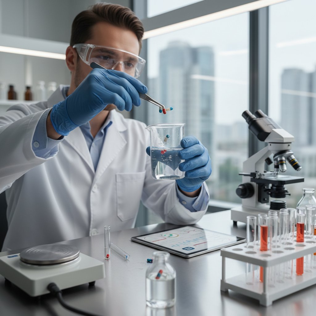Zdjęcie farmaceuty badającego kapsułki w laboratorium – bezpieczeństwo suplementacji