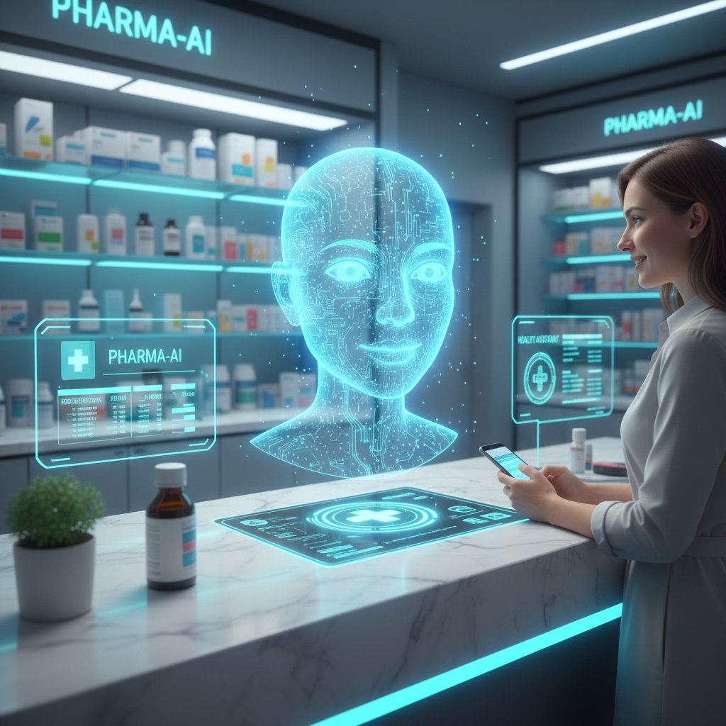 Kontrast między farmaceutą, użytkownikiem smartfona i cyfrowym asystentem medycznym – apteka, smartfon, ekran AI