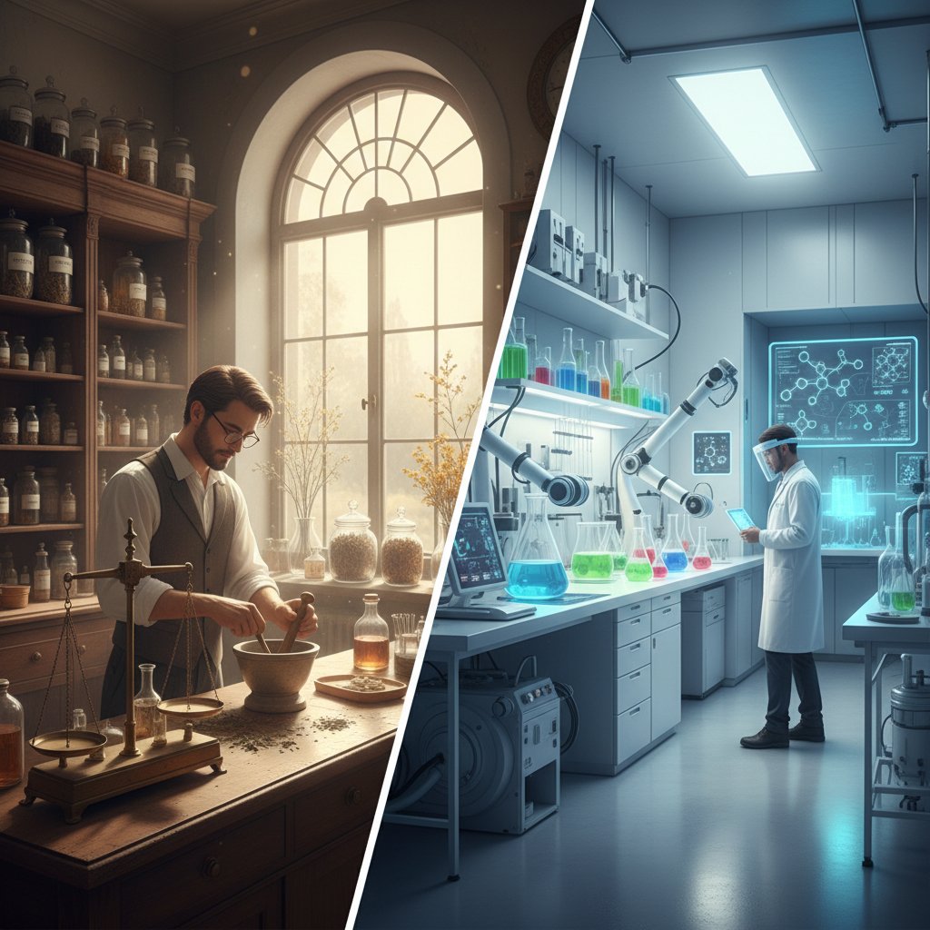 Stara apteka z regałami pełnymi surowców i nowoczesne laboratorium w tle – symbolika połączenia tradycji i nowoczesności w synbiotykach