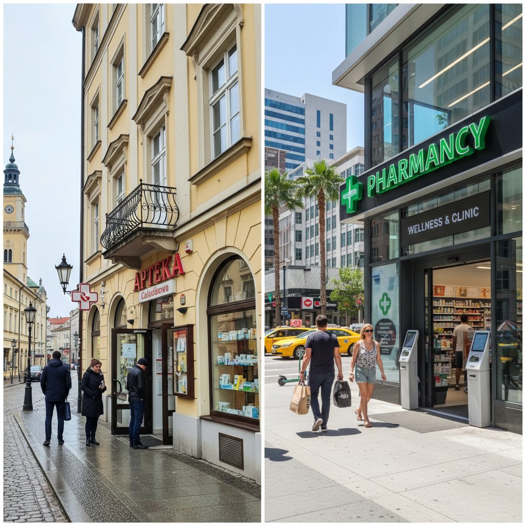Zestawienie dwóch aptek: polska i zagraniczna, kontrastujące aranżacje