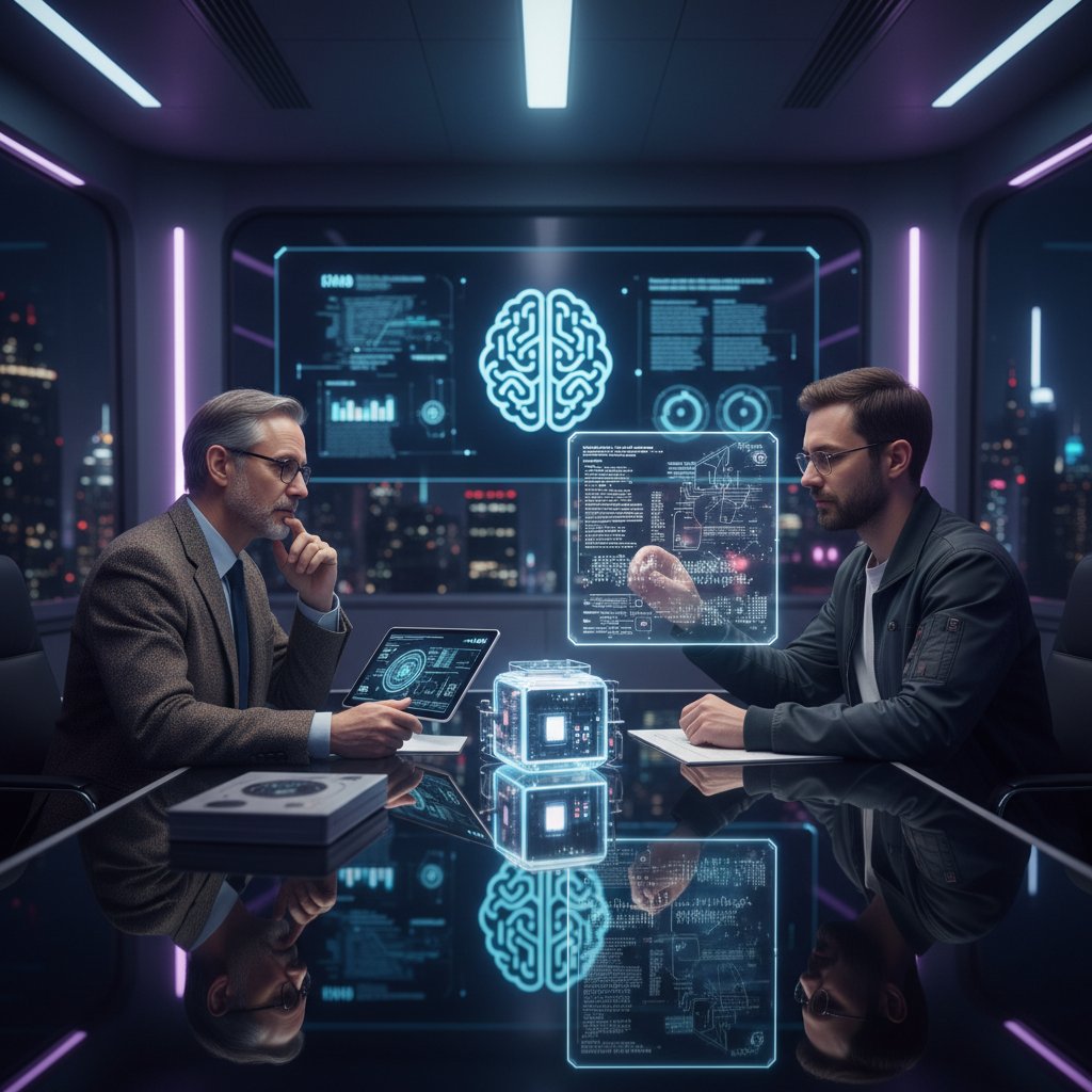 Filozof dyskutuje z inżynierem AI przy stole konferencyjnym, symbol symbiozy technologii i refleksji