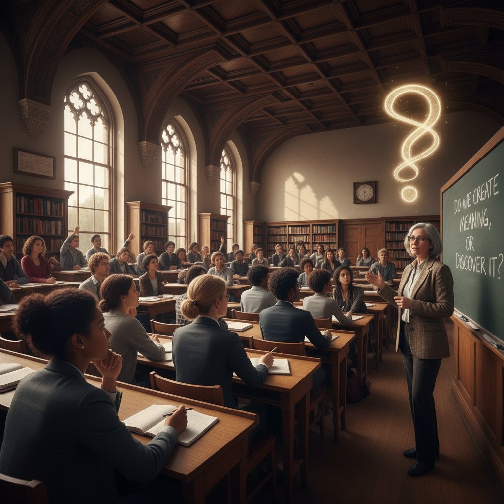 Prowokacyjne pytania na tablicy, studenci w skupieniu, filozofia, edukacja nowoczesna