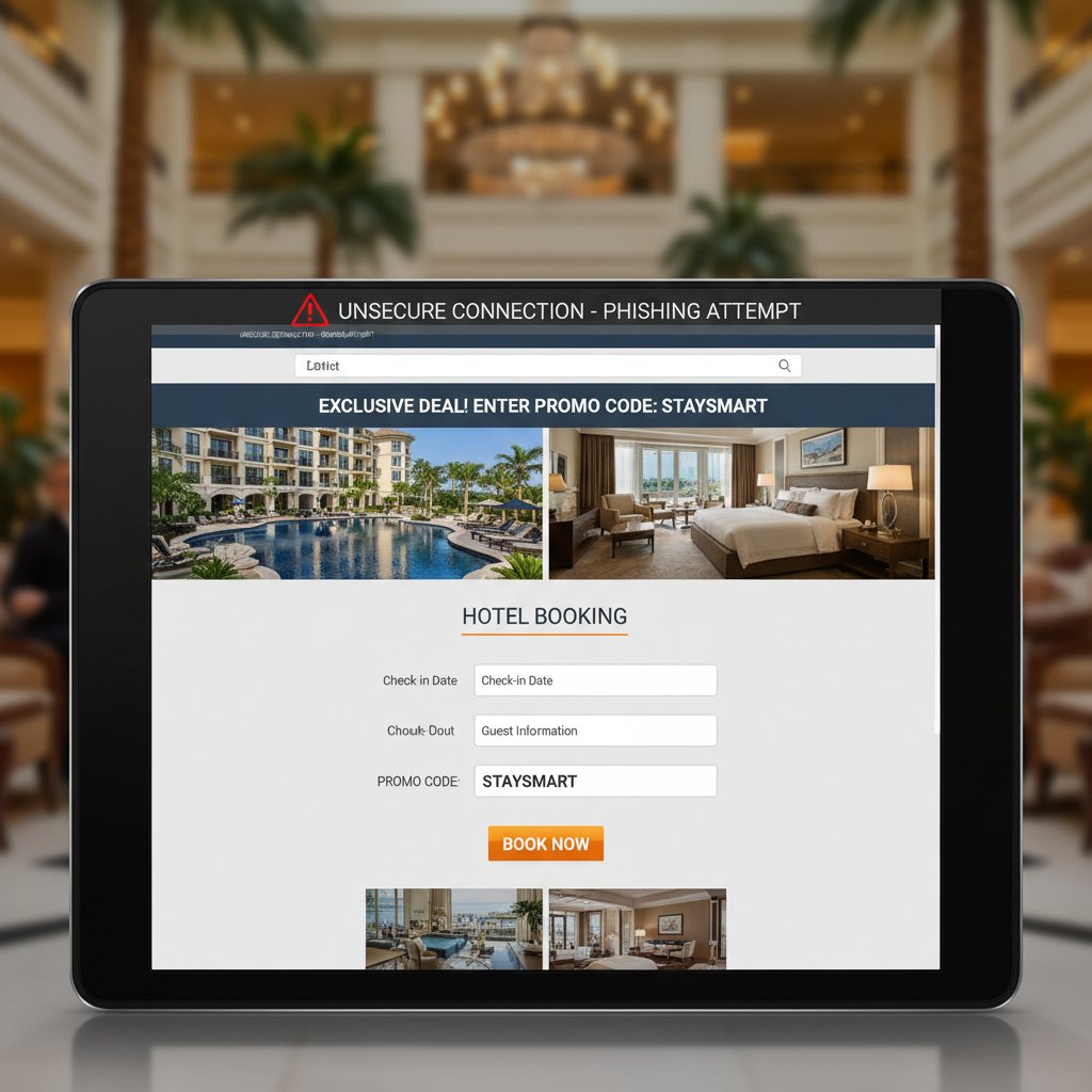 Phishing site on hotel booking backdrop, promo code hotel booking scam warning