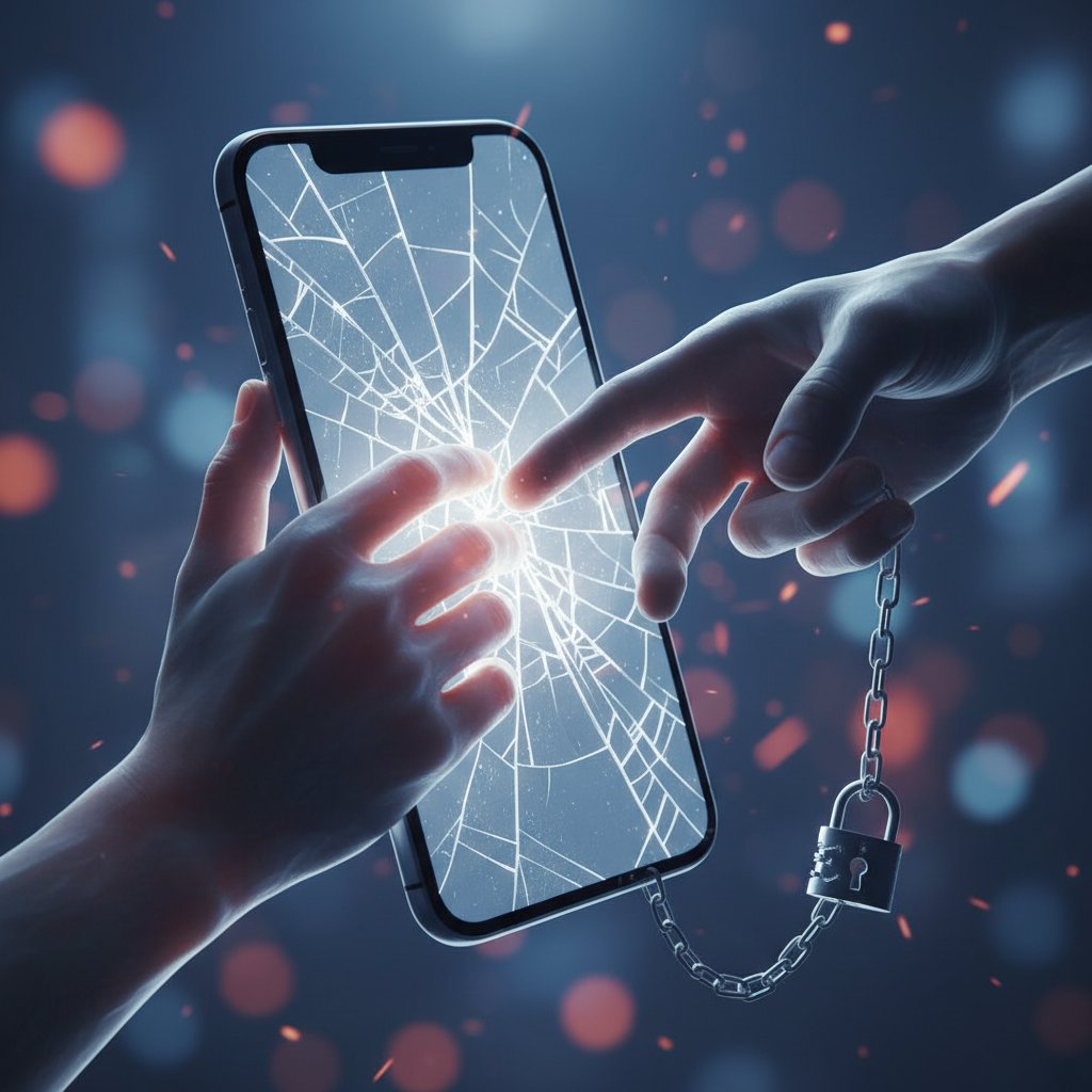 Osoba z telefonem wpatrzona w ekran, podczas gdy partner patrzy z nieufnością – symbol zdrady cyfrowej