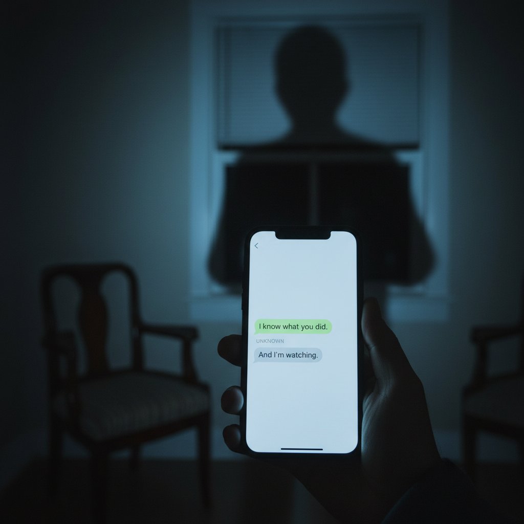 Zbliżenie na ekran telefonu pokazujący podejrzaną wiadomość, ciemne tło, osoba w cieniu obserwuje ekran; kluczowe słowa: fałszywy profil, manipulacja, phishing