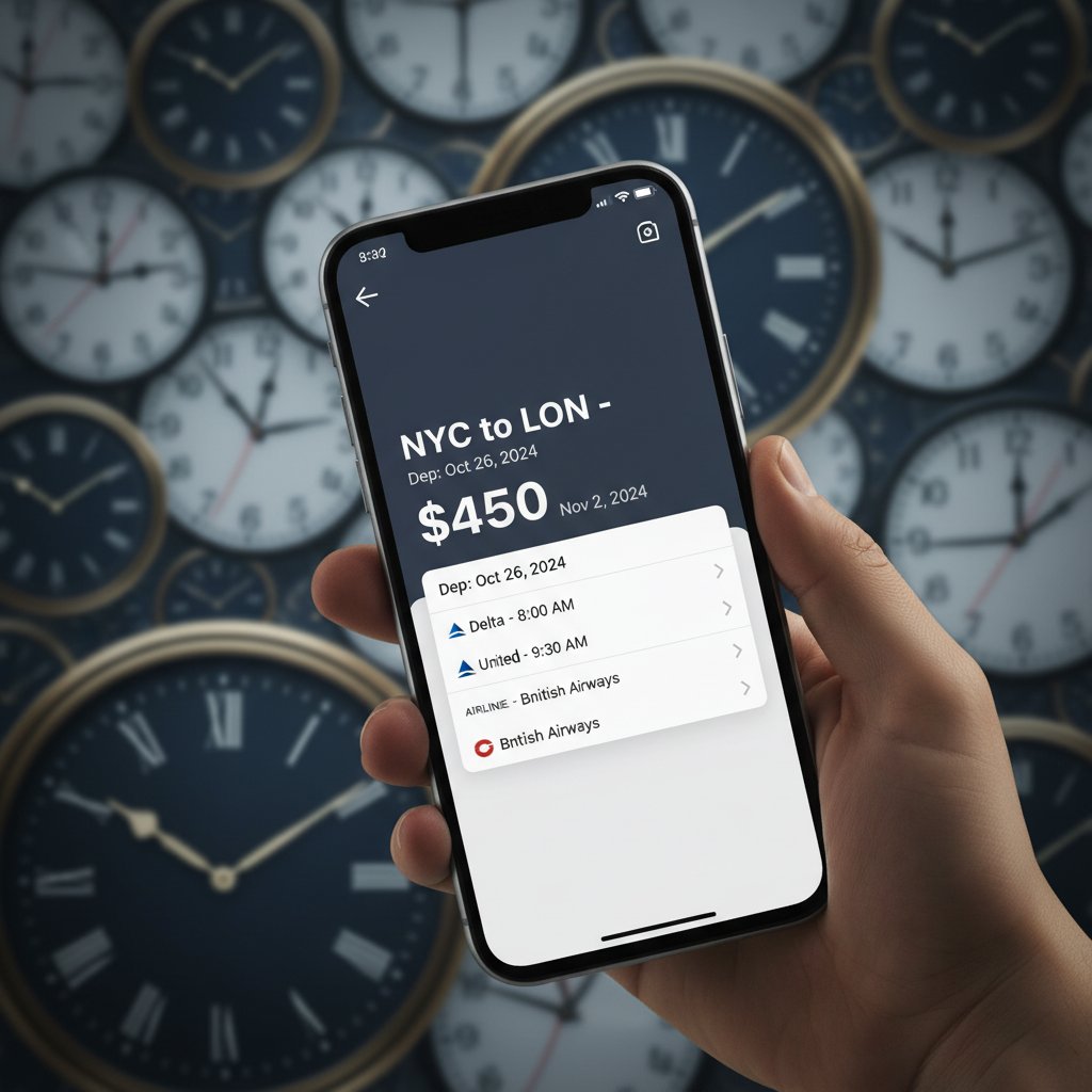 Editorial close-up of hand holding phone with fluctuating Ulsan flight prices, clock blurred in background