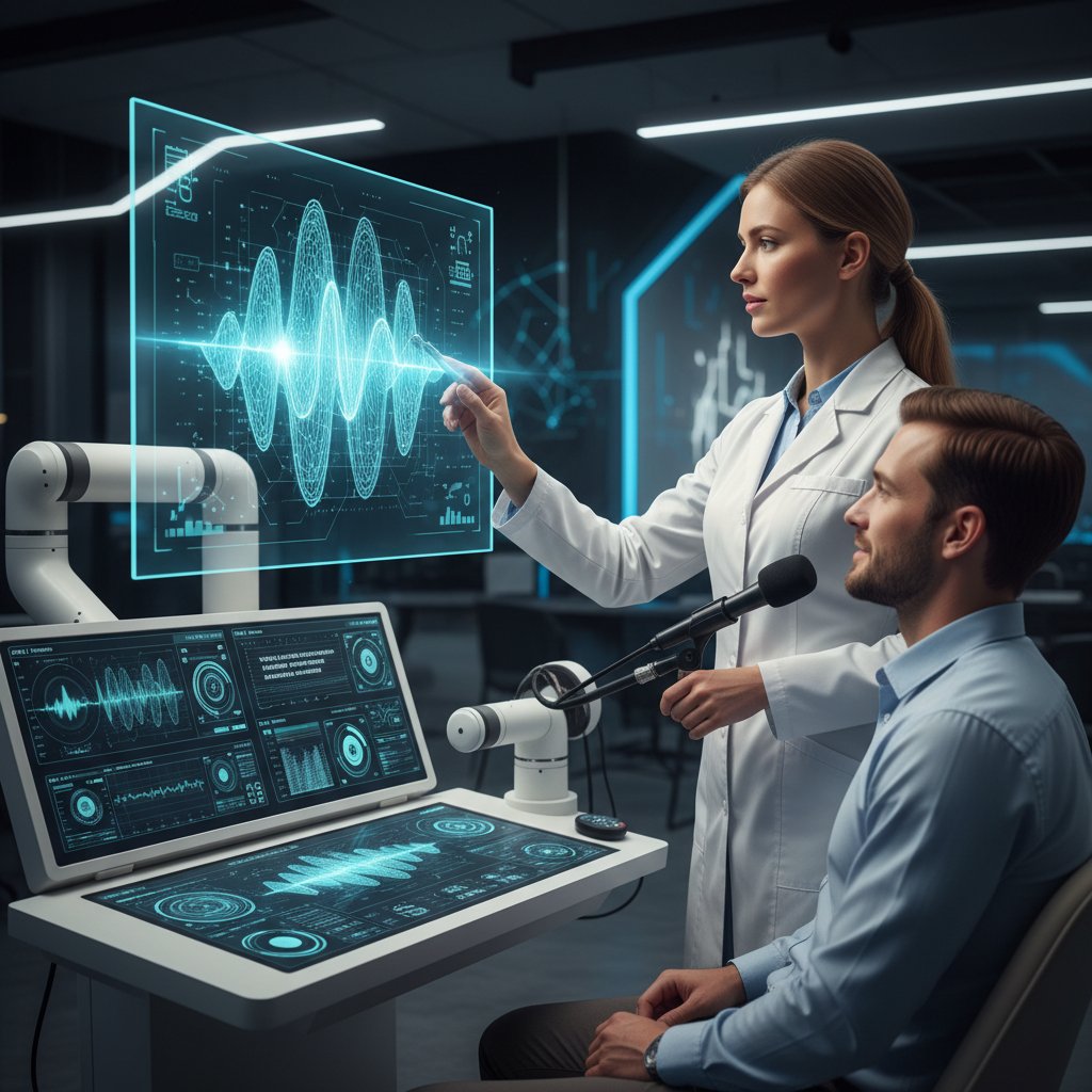 Lekarz foniatra i AI system analizujący dane głosu na ekranie komputera – współpraca człowieka i technologii