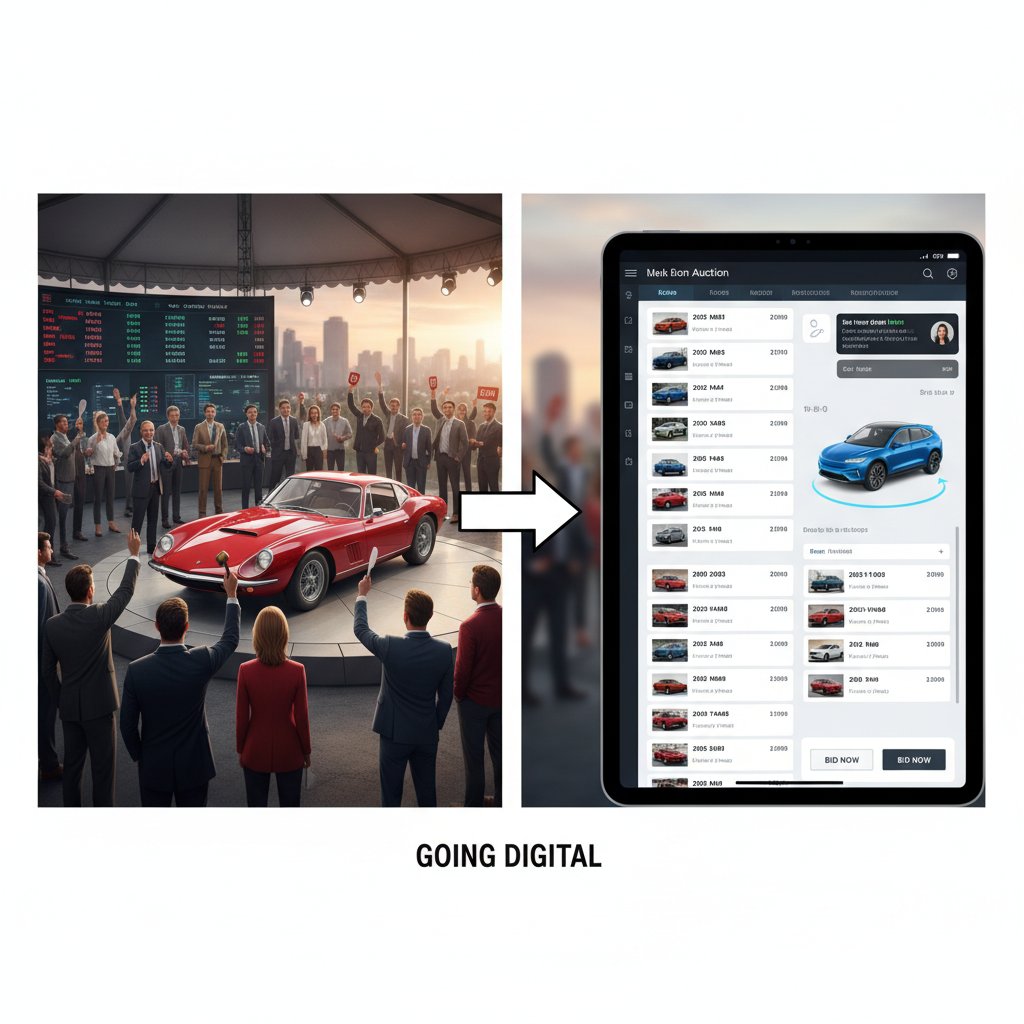 Side-by-side view of physical and online car auctions, highlighting differences in access and participation