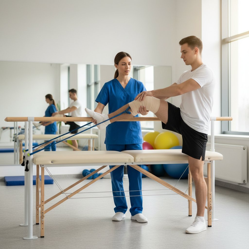 Fizjoterapeuta pracujący z gimnastykiem podczas rehabilitacji po urazie