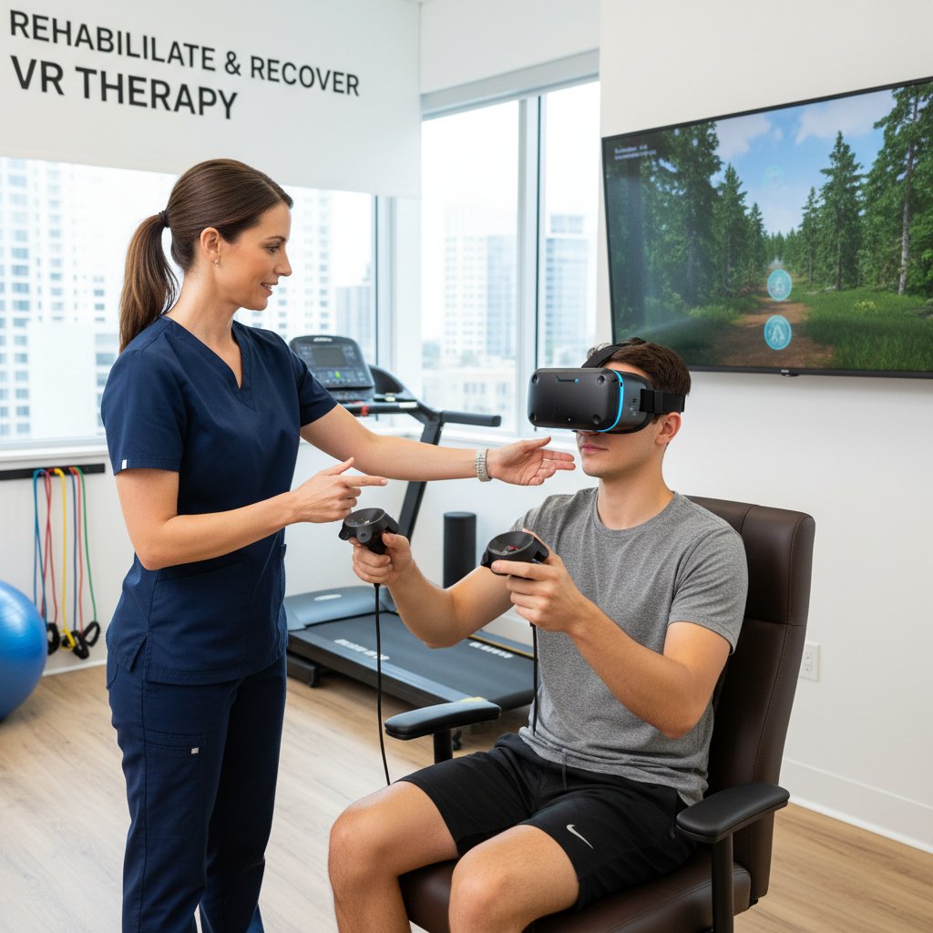 Fizjoterapeuta instruujący pacjenta podczas pierwszej sesji VR w klinice