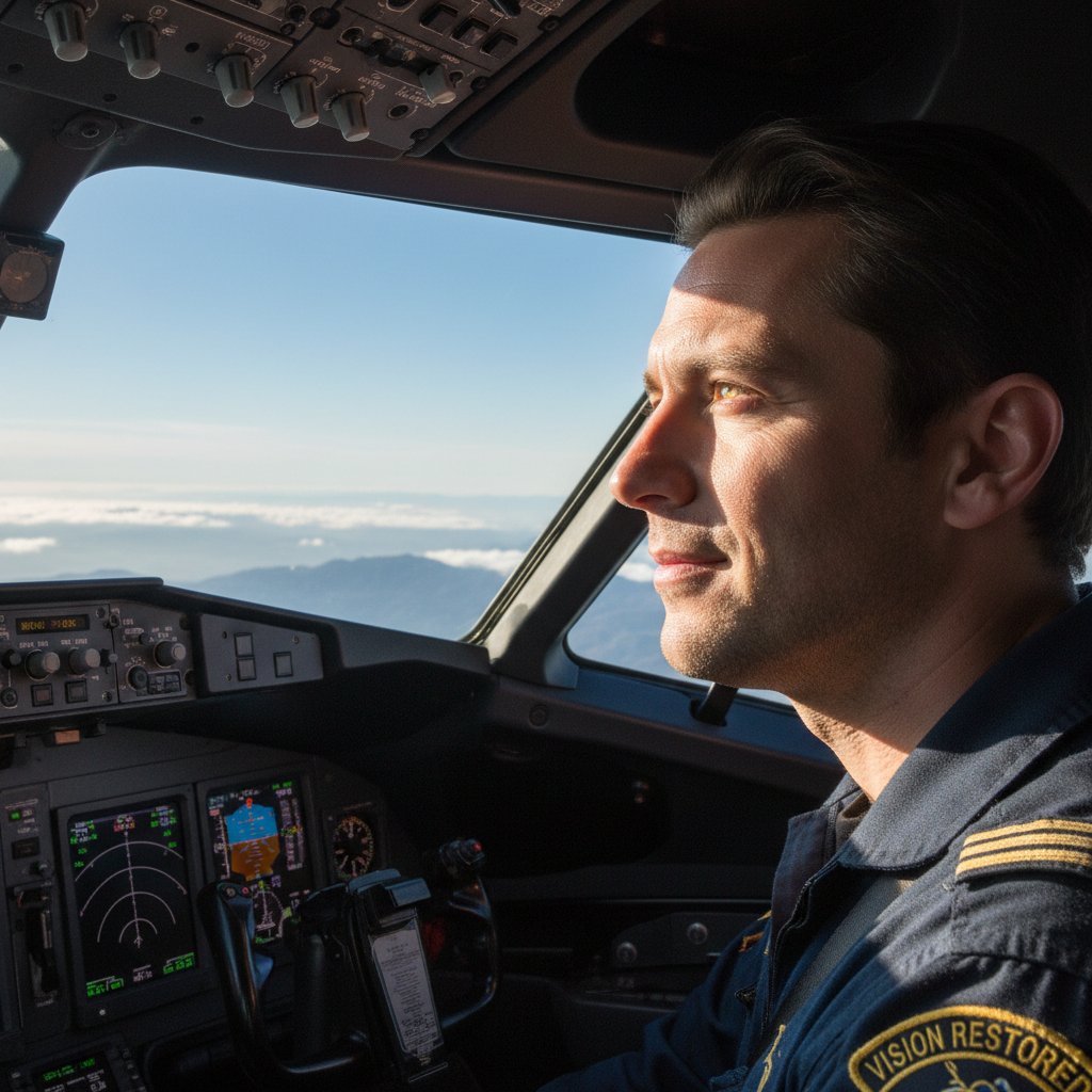 Pilot w kabinie samolotu z ostrym wzrokiem po korekcji laserowej