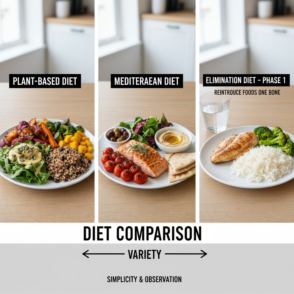 Zdjęcie kilku talerzy z różnymi rodzajami diet – porównanie diet eliminacyjnych