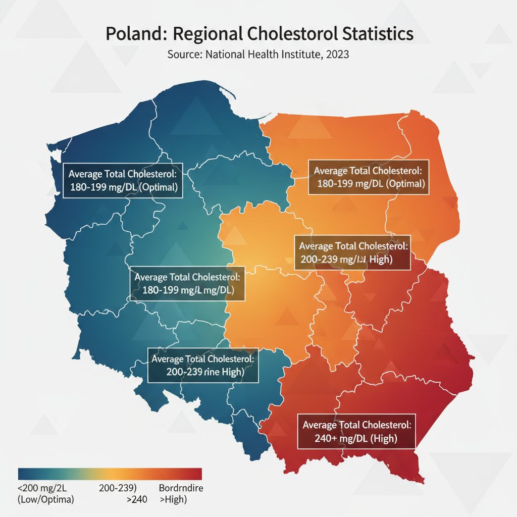 Mapa Polski z danymi o poziomach cholesterolu