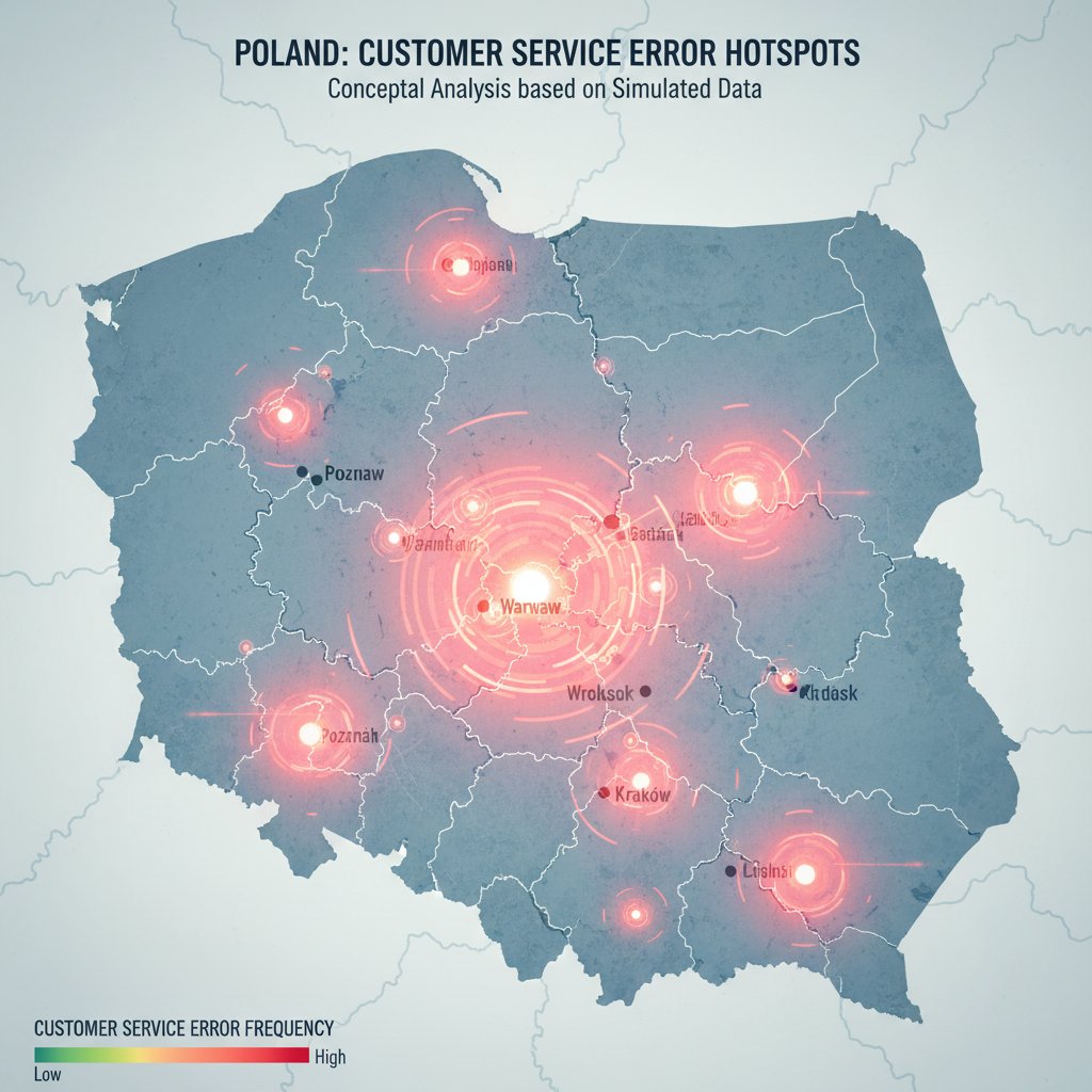 Stylizowana mapa Polski z sektorami o najwyższym poziomie błędów obsługi klienta i gorącymi punktami