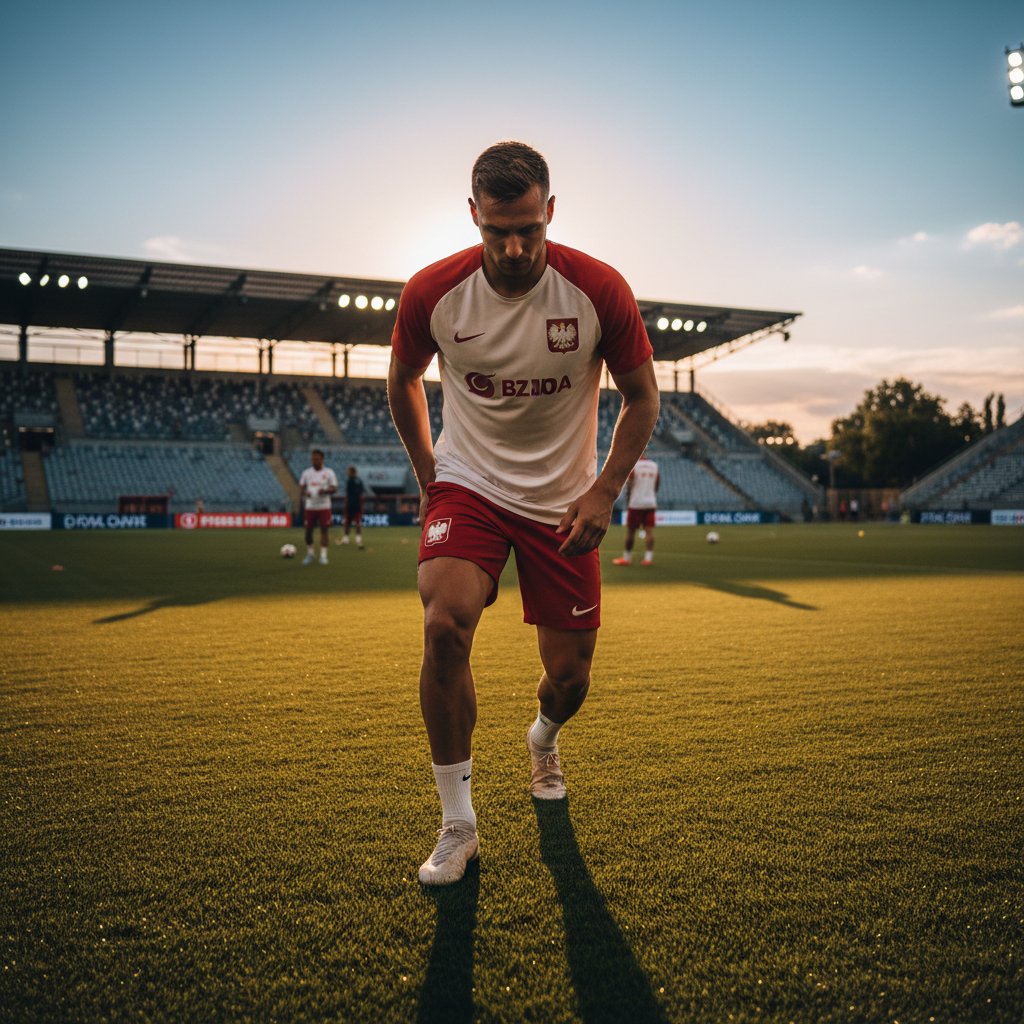 Polski sportowiec wykonujący cool down na boisku, stretching, wieczorna sceneria