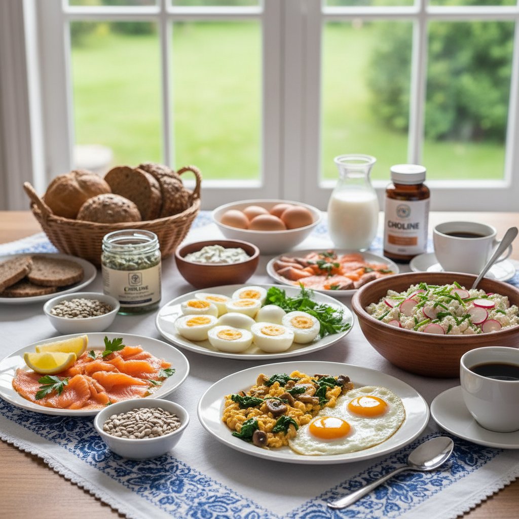 Zdjęcie stołu śniadaniowego z różnorodnymi, opisanymi produktami bogatymi w cholinę, jasne naturalne światło