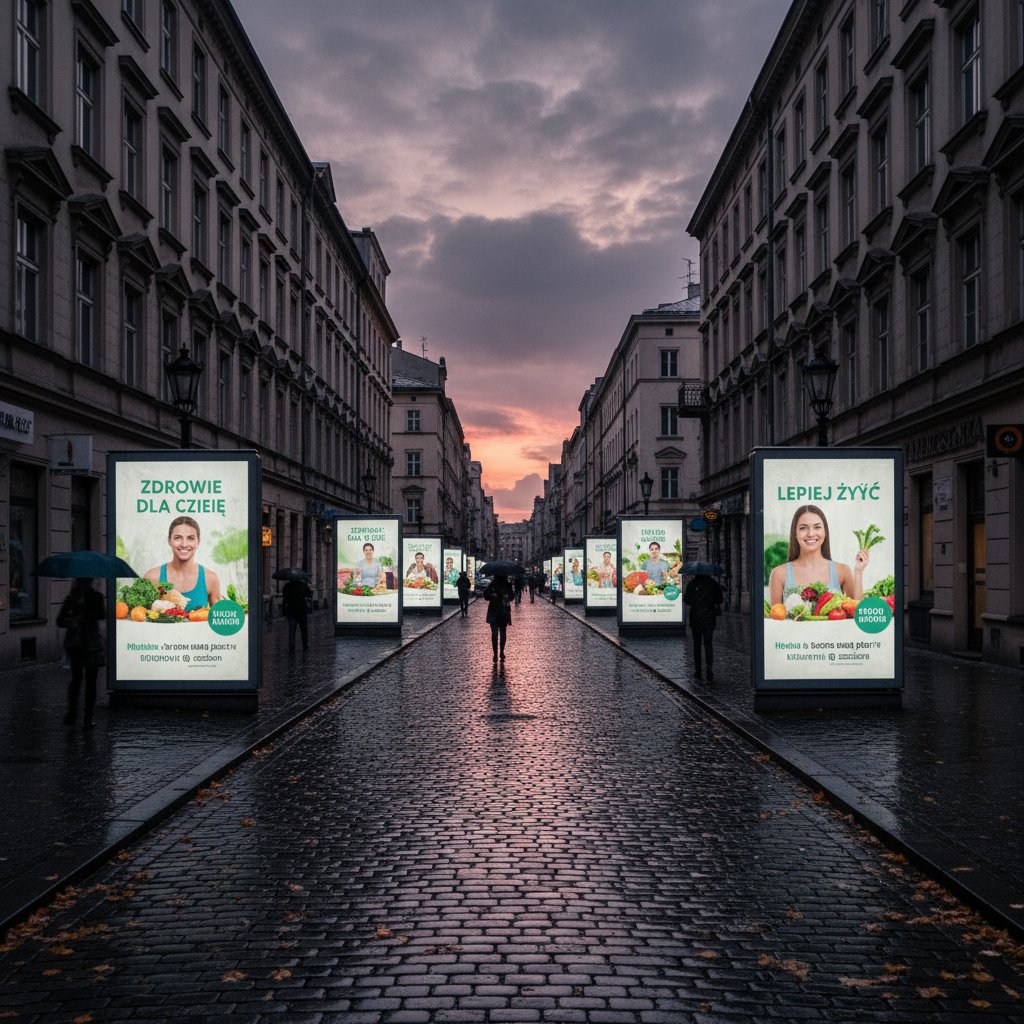 Wzrost popularności treści zdrowotnych w Polsce – ulica polskiego miasta z billboardami o tematyce zdrowotnej o zmierzchu