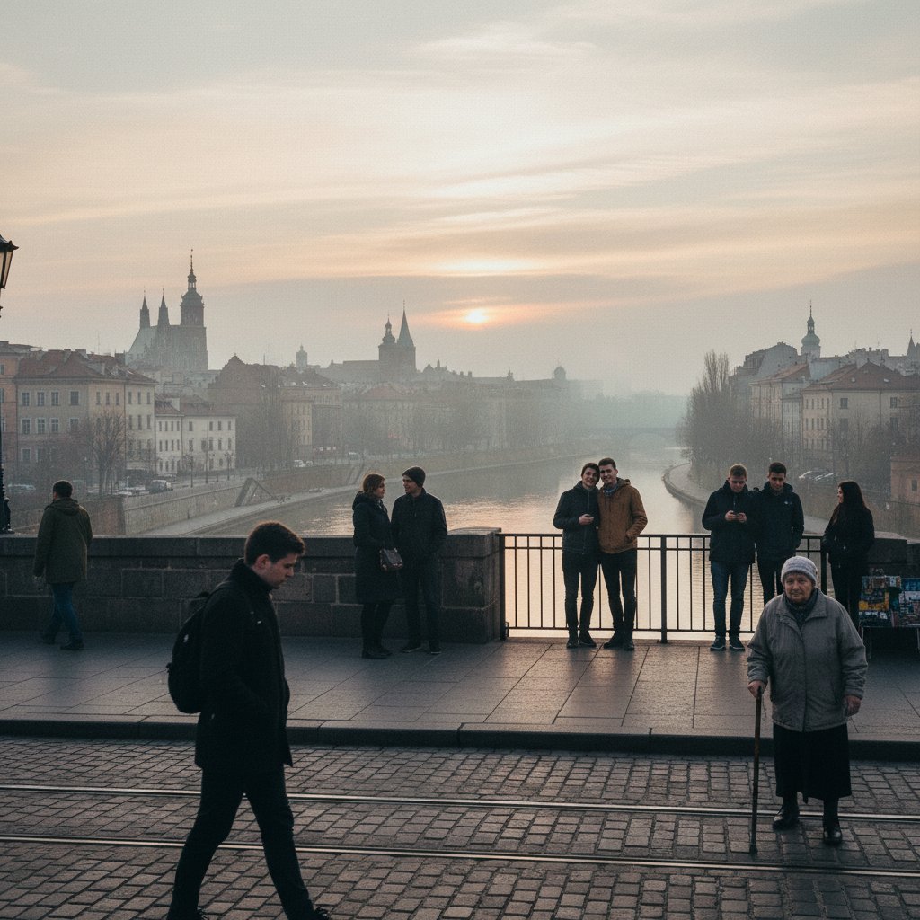Ludzie w różnych nastrojach na tle polskiego miasta o świcie