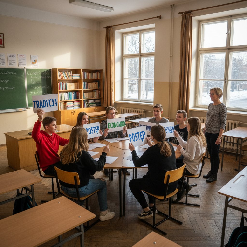 Polska sala wykładowa, grupa ludzi rozmawia przy okrągłym stole, różne punkty widzenia