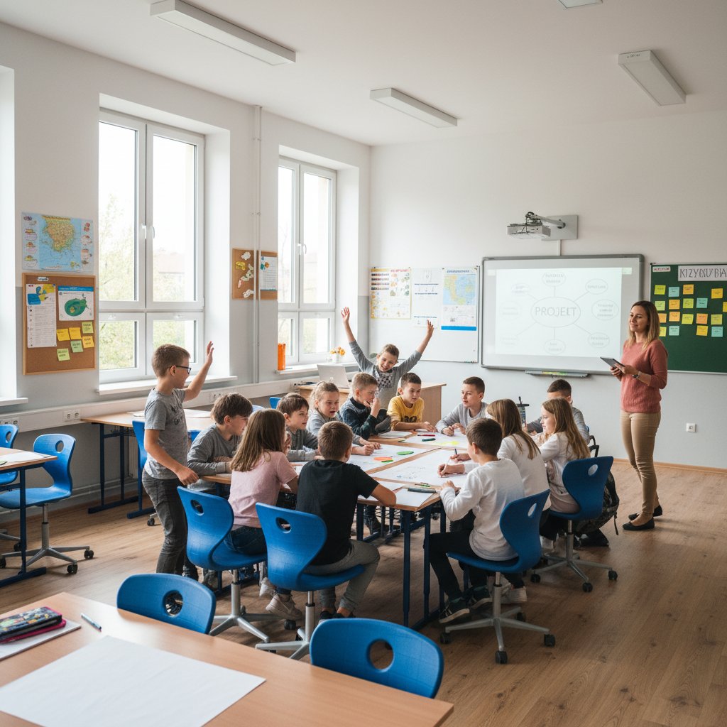Uczniowie podczas ćwiczenia wolnych skojarzeń w klasie