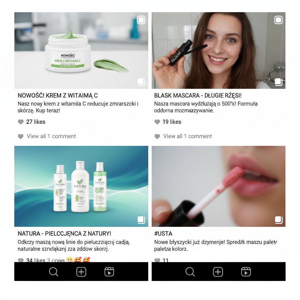 Kampania polskiej marki kosmetycznej z przeciętną, powielaną grafiką na Instagramie