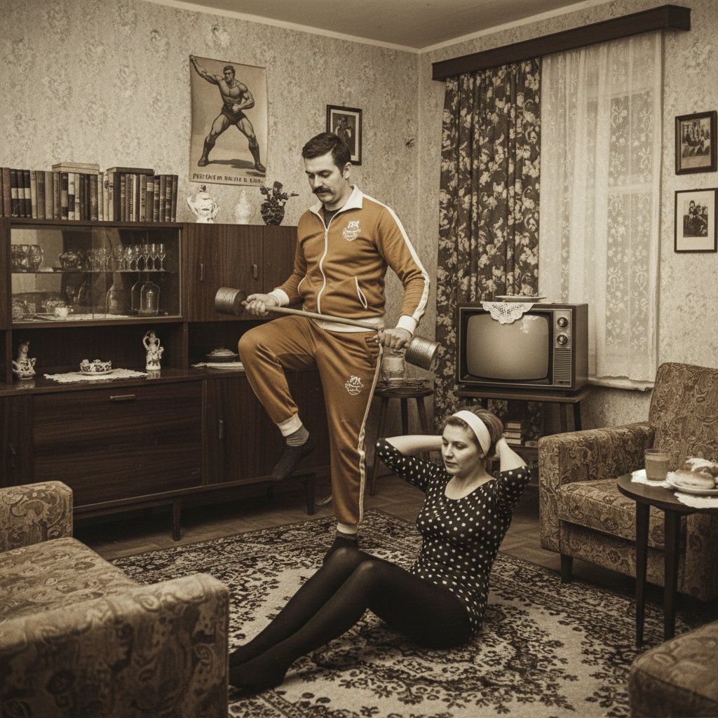 Kobieta i mężczyzna ćwiczący w mieszkaniu urządzonym w stylu PRL