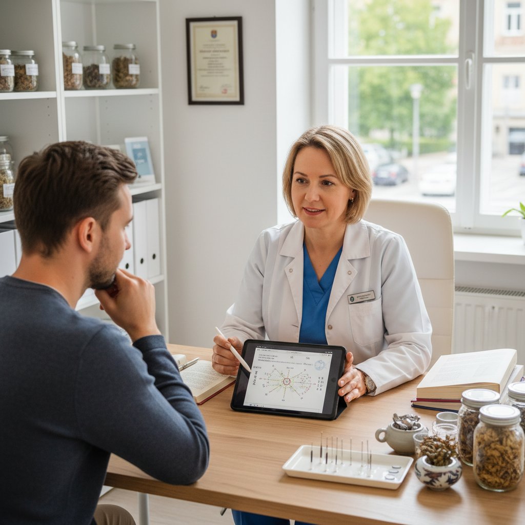 Lekarz i praktyk TCM analizują kartę pacjenta — gabinet kliniczny
