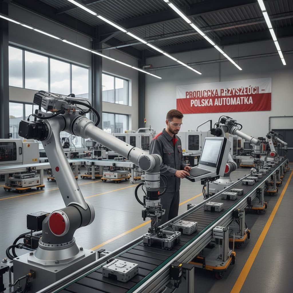 Linia produkcyjna w polskiej fabryce z robotami i ludźmi pracującymi wspólnie, nowoczesna automatyzacja