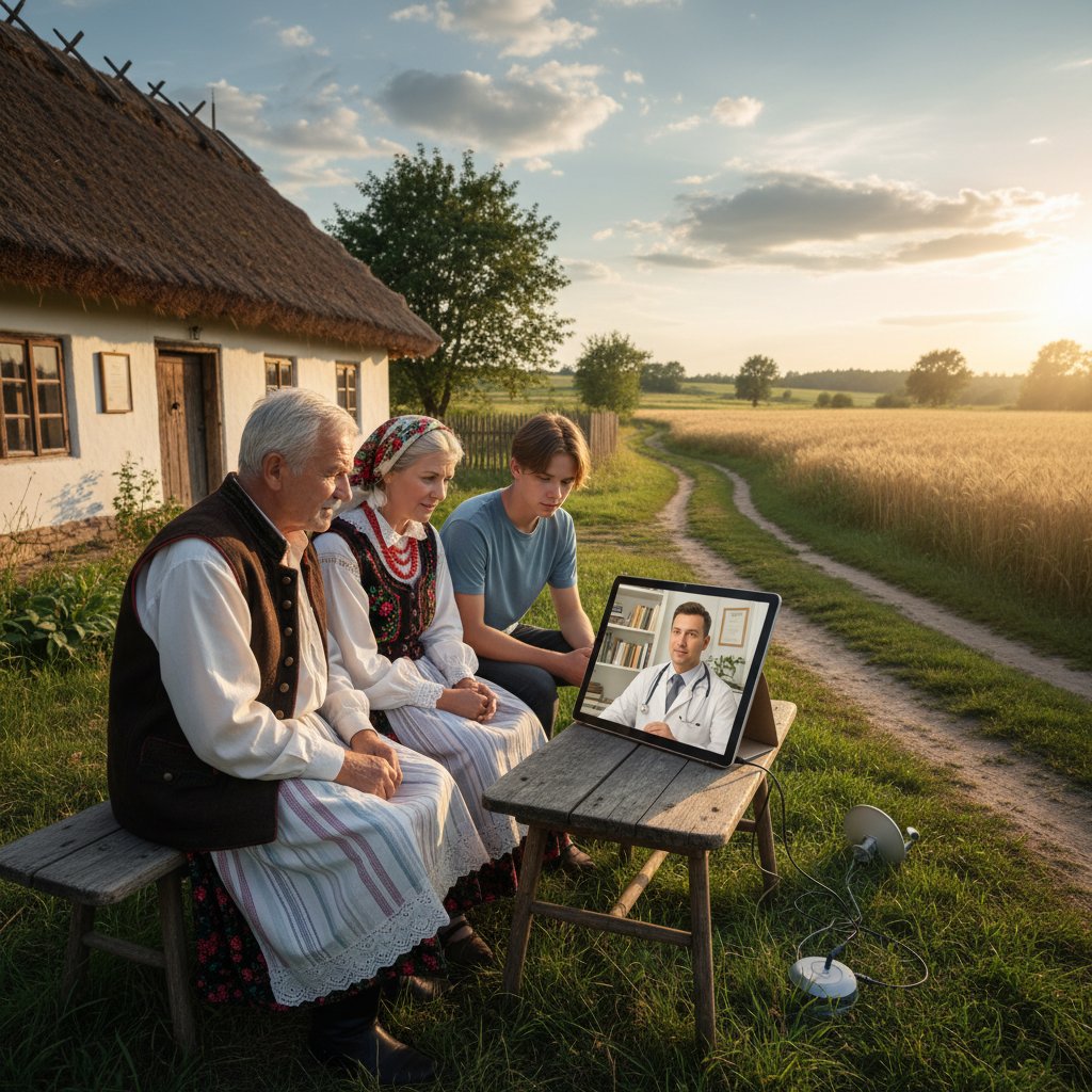 Polska rodzina na wsi przed komputerem podczas konsultacji online z lekarzem