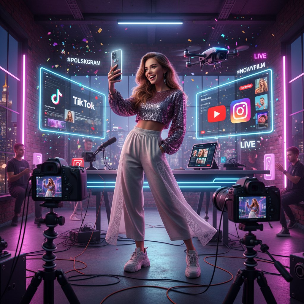 Polski influencer nagrywający treść na różne platformy, dynamiczna scena