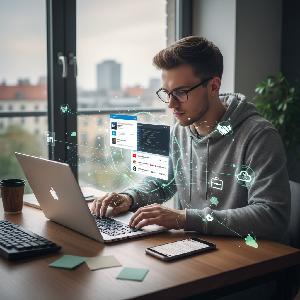 Polski junior korzysta z laptopa i smartfona, otwarte platformy: LinkedIn, GitHub, kariera.ai, networking
