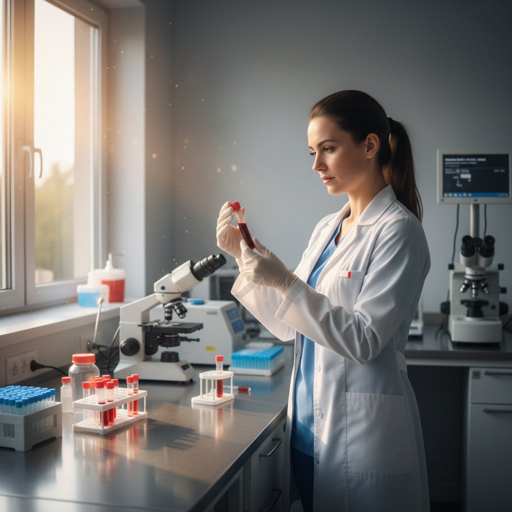 Techniczka w polskim laboratorium z fiolką do badania lipidogramu, poranne światło