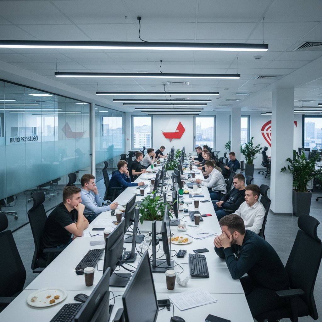 Polskie biuro open space, pracownicy przy komputerach, część zaangażowana, inni znużeni