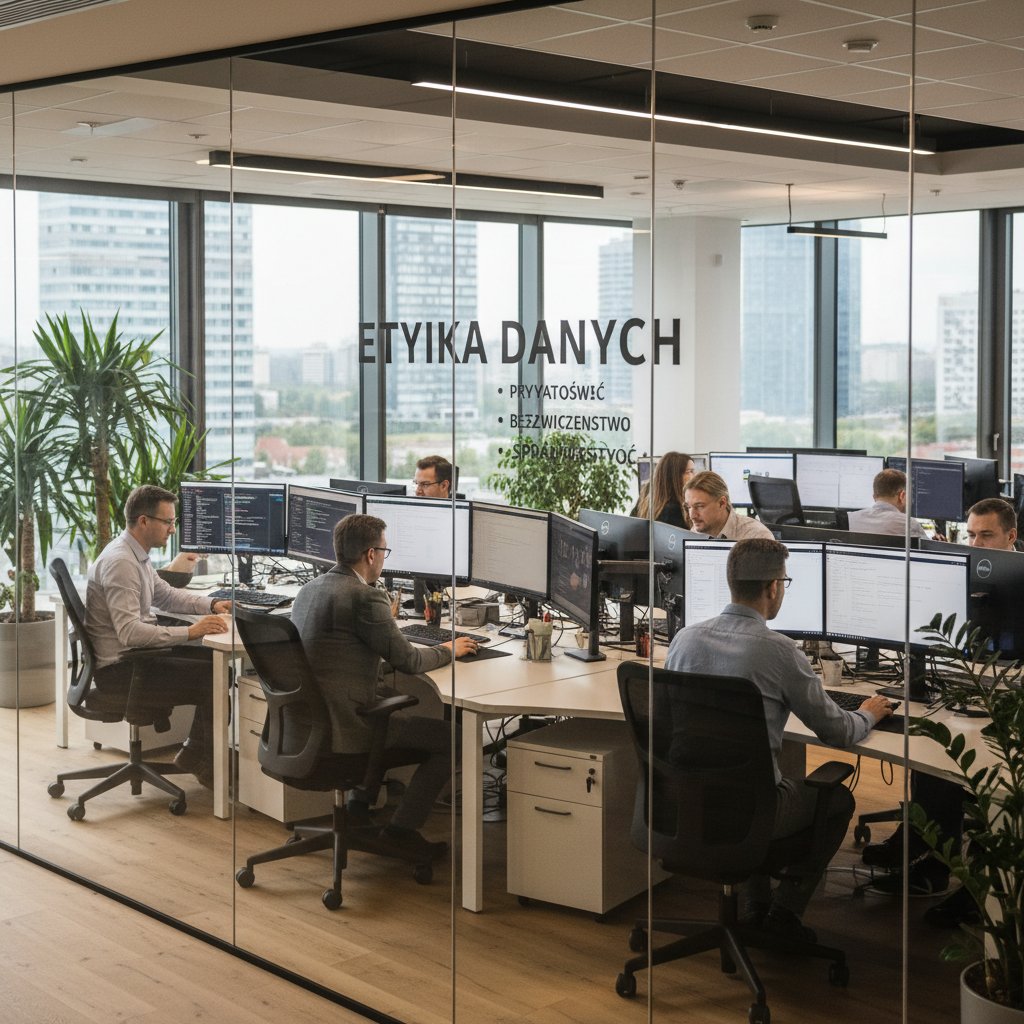 Polscy pracownicy biurowi pracujący przy komputerach, temat: etyka danych