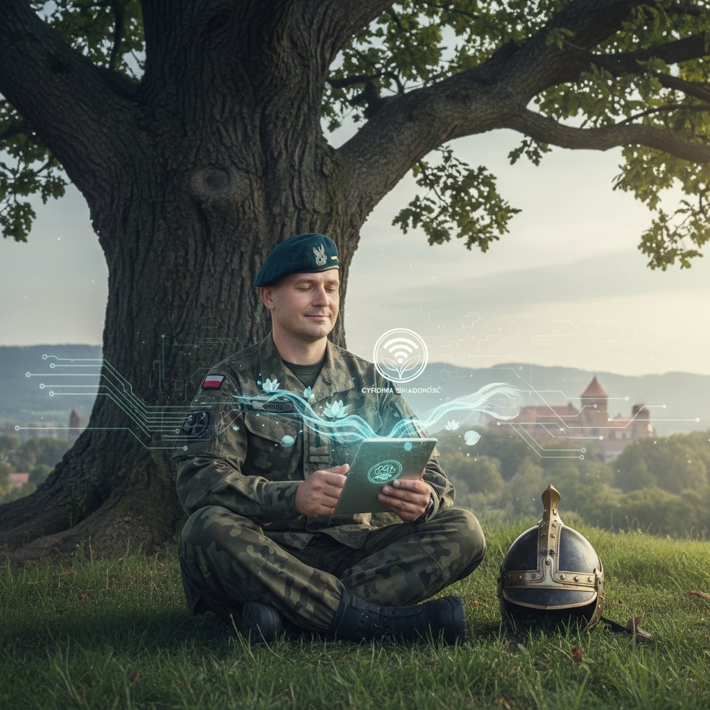 Funkcjonariusz korzystający z tabletu podczas sesji mindfulness w jednostce – wizualizacja digitalizacji wsparcia