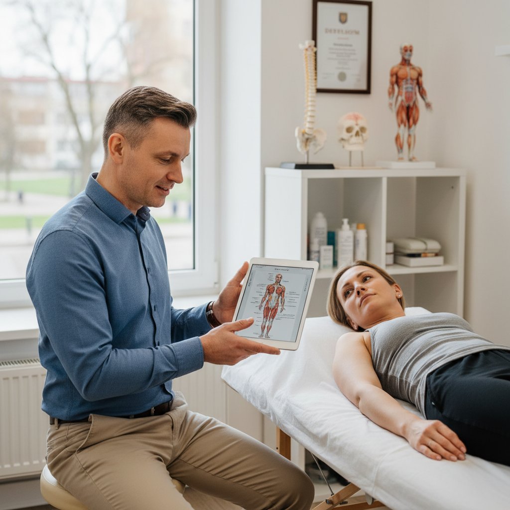 Polski osteopata korzysta z tabletu podczas konsultacji z pacjentem