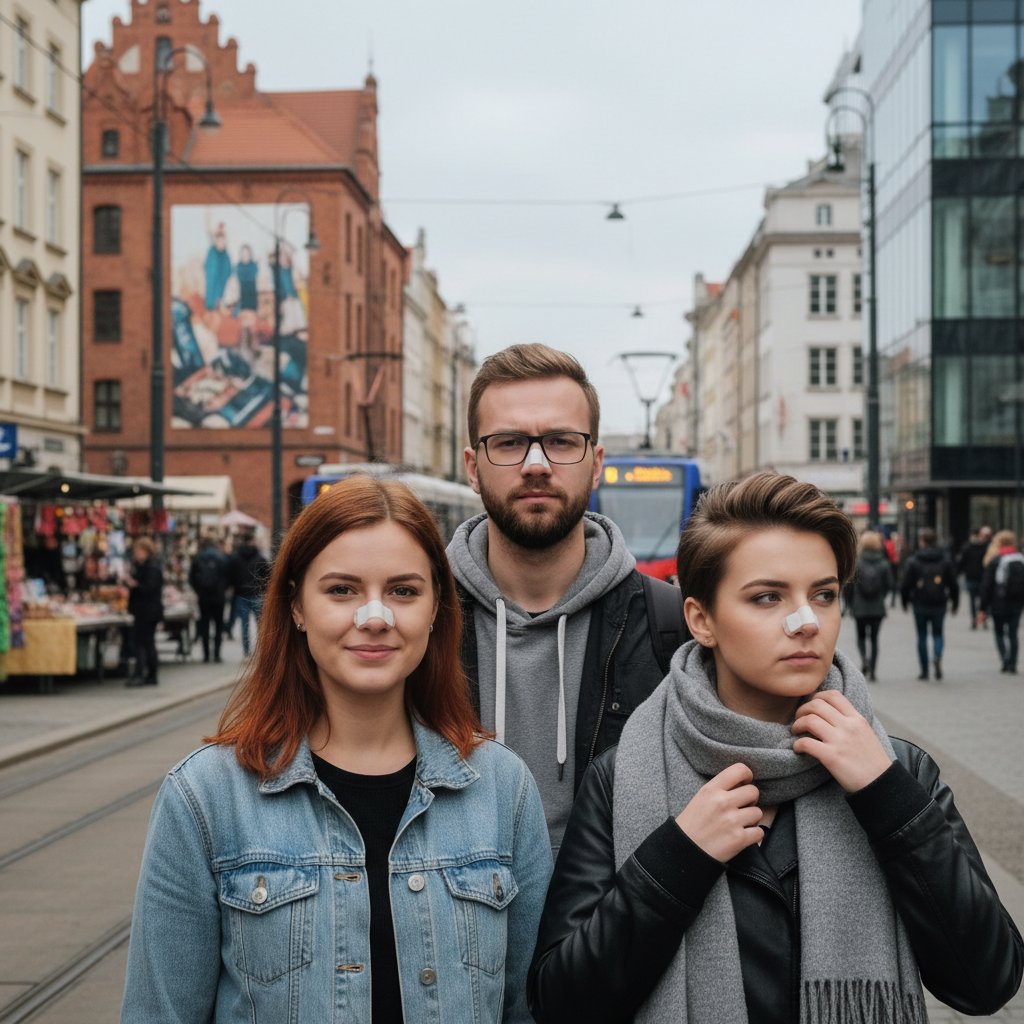 Zdjęcie grupy osób z Polski, różnorodne twarze, część z opatrunkami na nosach, urbanistyczne tło