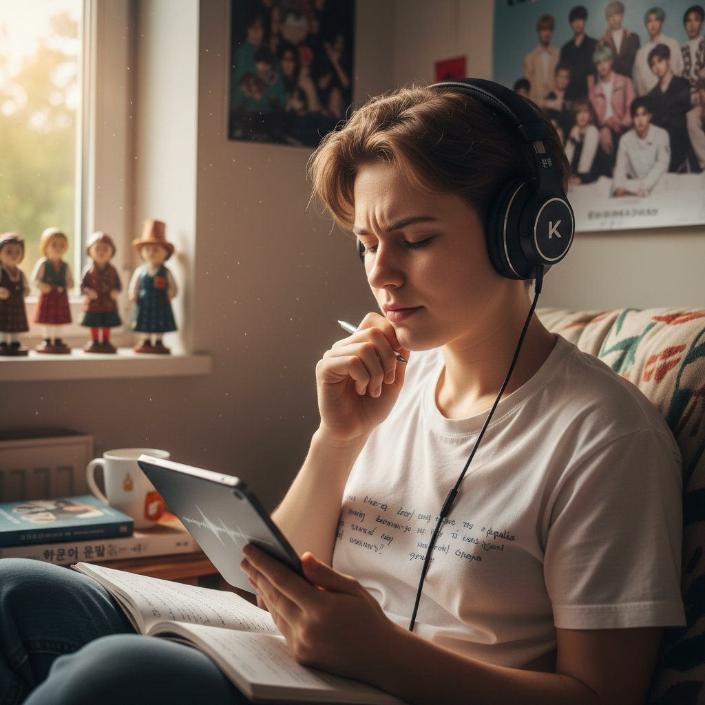 Polskie ucho wsłuchujące się w koreańskie nagrania, laptop z waveform audio, skupienie