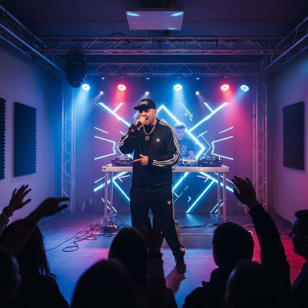 Polski raper używający retrofleksji podczas nagrania w studio, dynamiczna scena, mikrofon, ekspresja