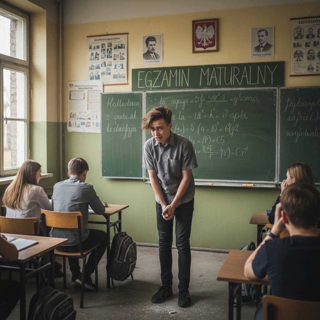 Lekcja w polskiej szkole, uczeń odpowiada przy tablicy z widocznym stresem i skupieniem
